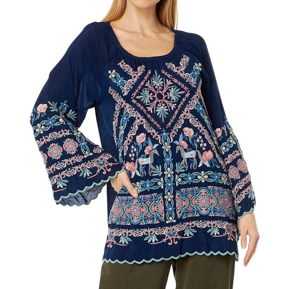 JOHNNY WAS Lina Scalloped Embroidered Tunic Top Flared Sleeves Boho Size XS